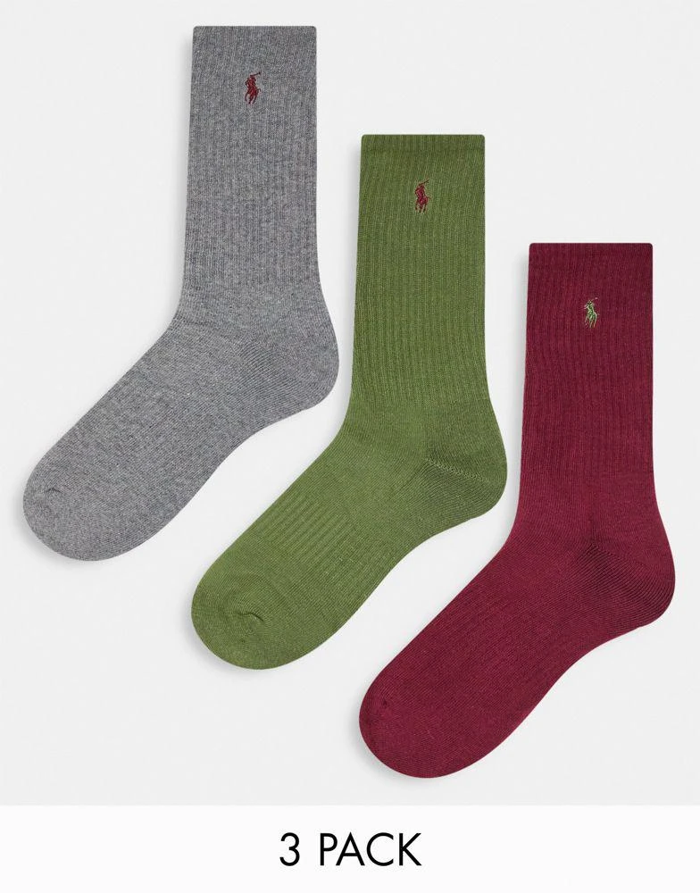 商品Ralph Lauren|Polo Ralph Lauren 3 pack mercerized cotton socks in burgundy, grey and green with logo,价格¥208,第1张图片