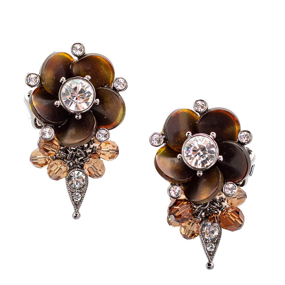 Dior Silver Tone Crystal Beaded Flower Clip On Earrings商品第3张图片规格展示