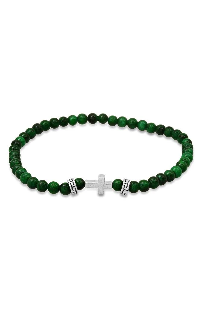 商品HMY JEWELRY|Men's Sterling Silver Cross Jade Beaded Stretch Bracelet,价格¥284,第1张图片详细描述