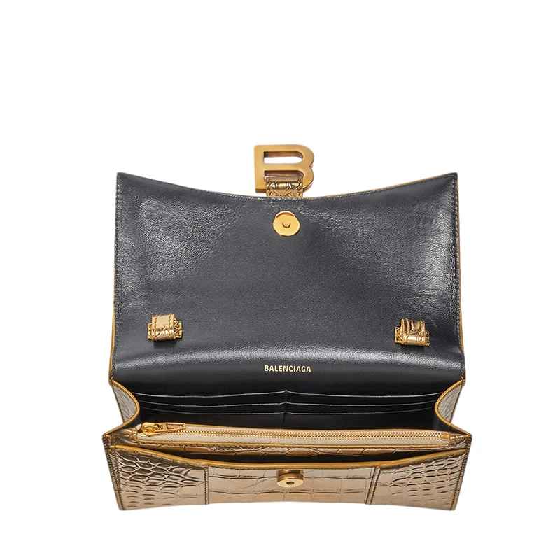 Balenciaga/巴黎世家 HOURGLASS系列 女士金色金属质感鳄鱼压纹小牛皮手拿斜挎链条钱包6560501S49M8005 商品