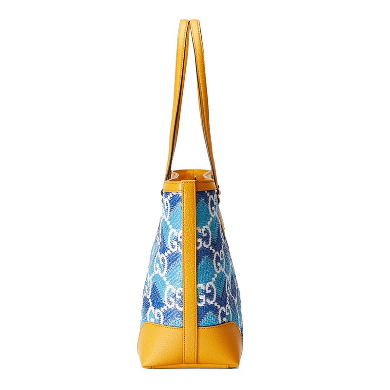 商品Gucci|【包税】GUCCI/古驰 22新款 女士深浅蓝色拼色稻草效果面料配黄色皮革GG老花Mykonos字样刺绣手提包托特包631685UYFAG8834,价格¥13046,第6张图片详细描��述