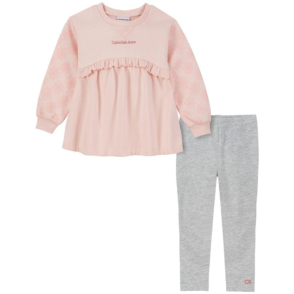 商品Calvin Klein|Little Girls Puff-Print Ruffled Fleece Tunic and Leggings Set, 2 Piece,价格¥404,第1张图片