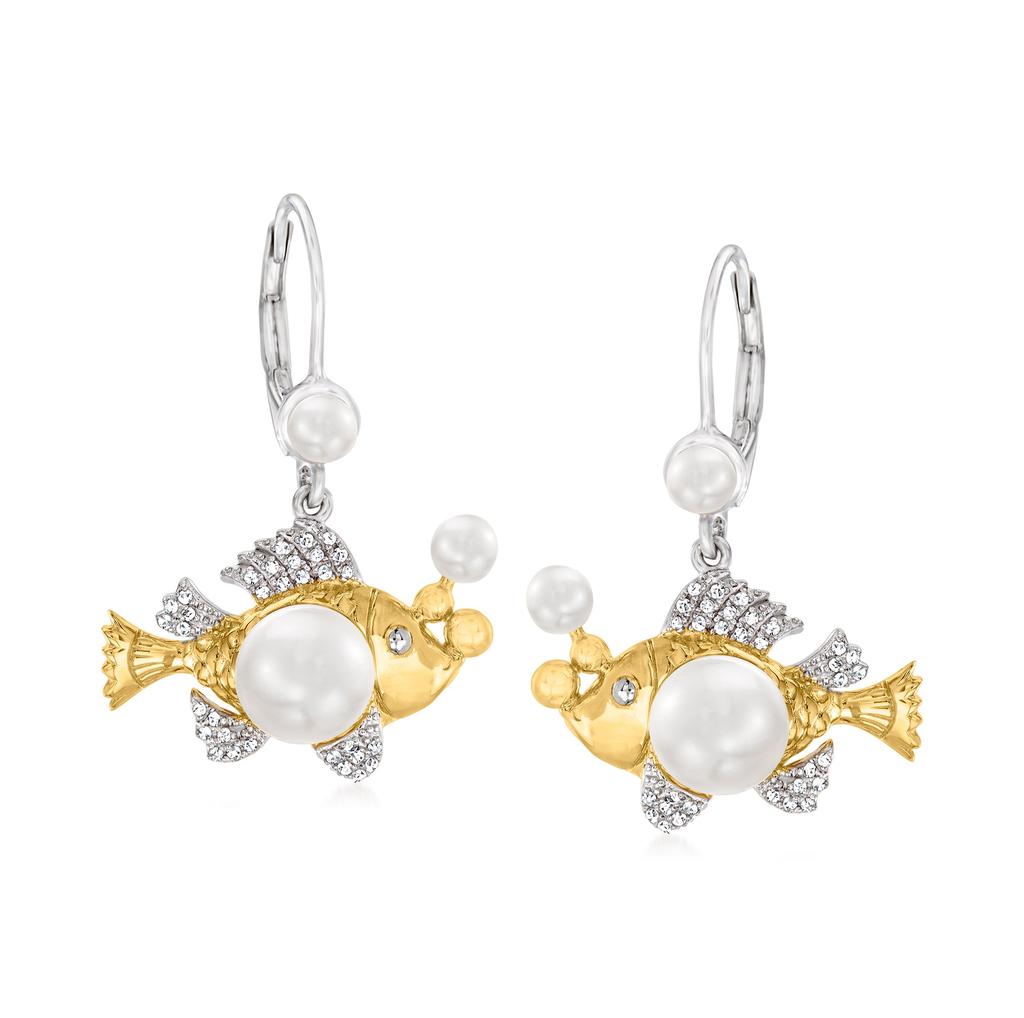 Ross-Simons 3.5-7.5mm Cultured Pearl and . Diamond Fish Drop Earrings in 2-Tone Sterling Silver商品第1张图片规格展示