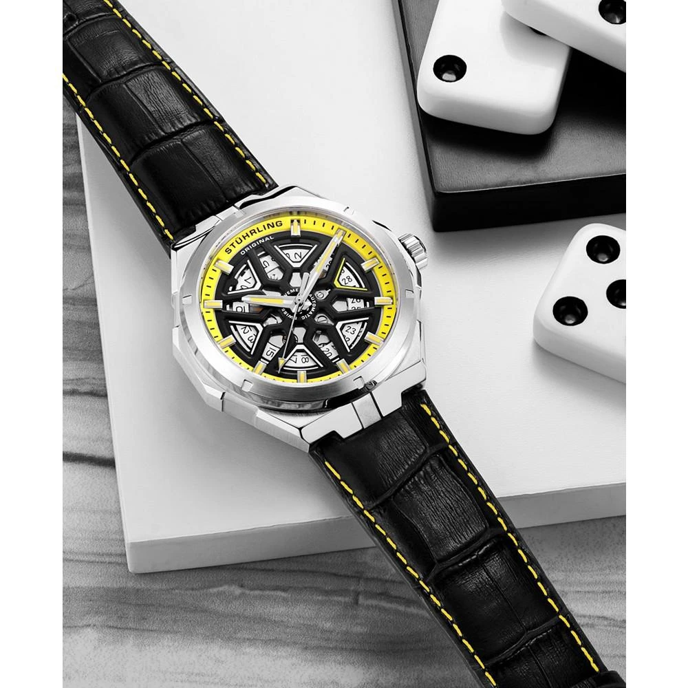 Men's Automatic Black Alligator Embossed Genuine Leather Strap with Yellow Stitching Watch 44mm 商品