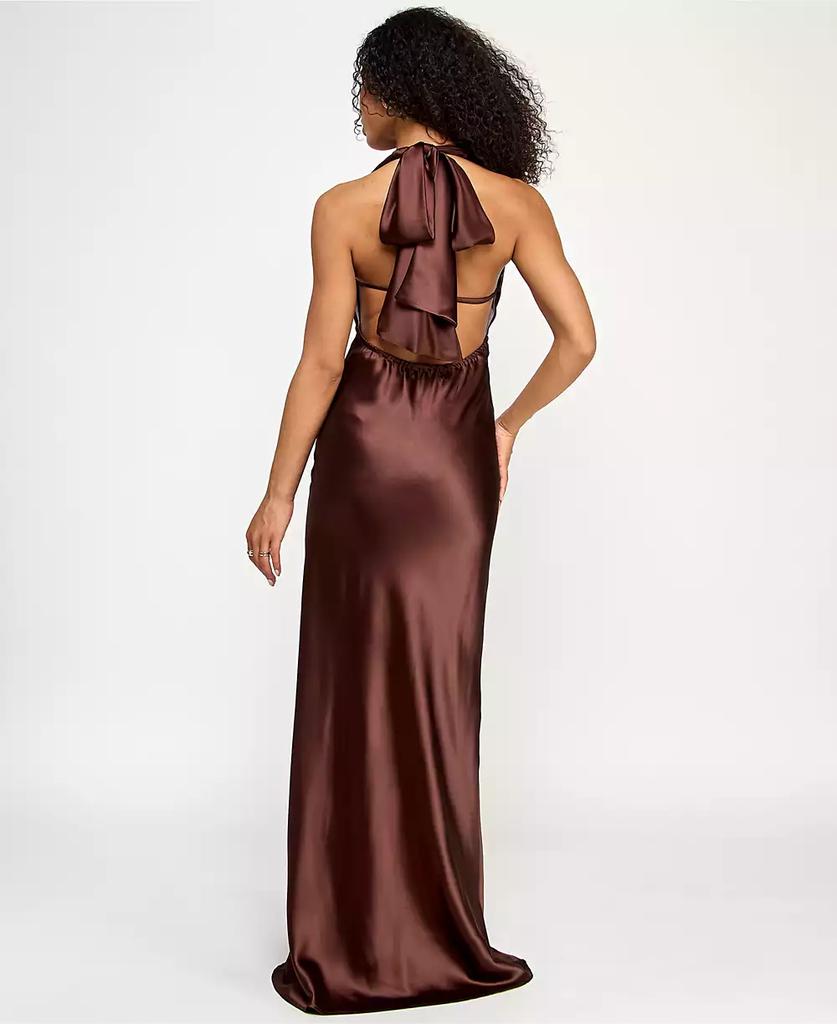 Katia Rae Juniors' Satin Cowl-Neck Halter Gown - Lagoon - Size XS