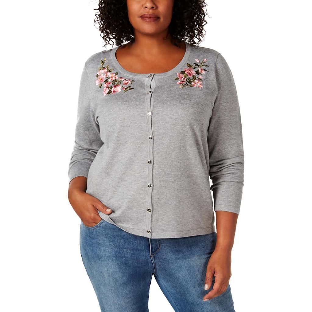Karen Scott Womens Plus Embroidered Boatneck Cardigan Sweater商品第1张图片规格展示