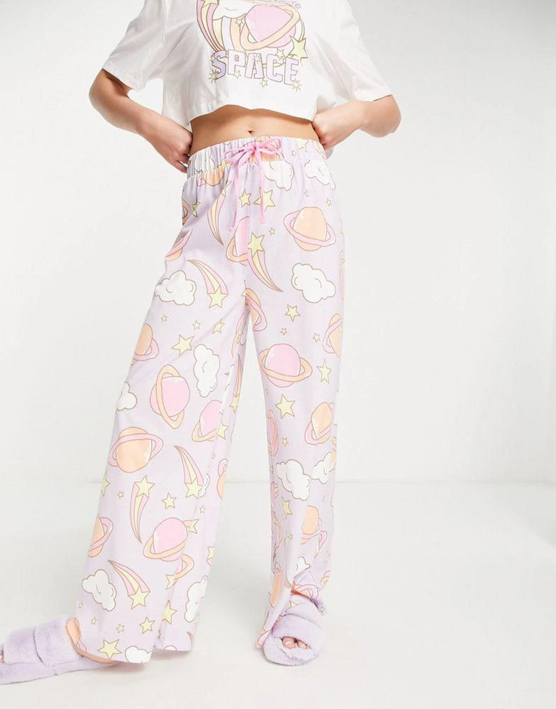 商品ASOS|ASOS DESIGN need more space cropped tee & wide leg trouser pyjama set in white & purple,价格¥169,第2张图片详细描述