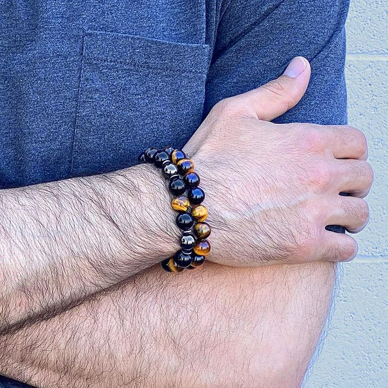 商品Crucible Jewelry|Crucible Los Angeles 10mm Bead Stretch Bracelet Featuring Tiger Eye, Shiny Black Onyx and Magnetic Hematite,价格¥277,第2张图片详细描述