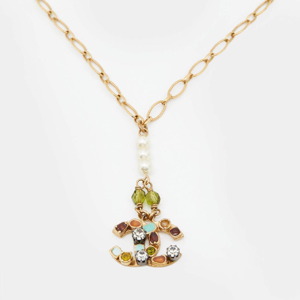 商品[二手商品] Chanel|Chanel Gold Tone Multicolor Crystal Embedded CC Charm Necklace,价格¥4473,第1张图片