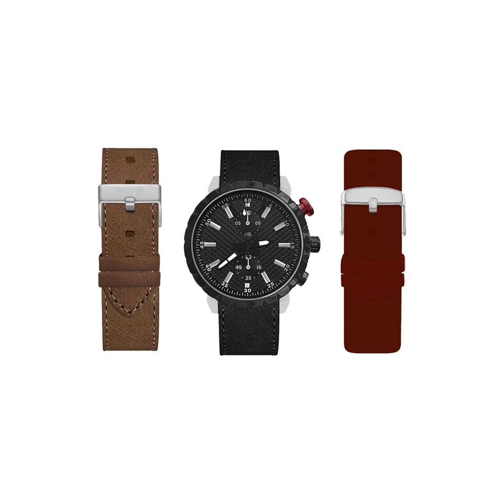 Men's Analog Black Strap Watch 45mm with Burgundy, Brown and Black Interchangeable Straps Set商品第1张图片规格展示