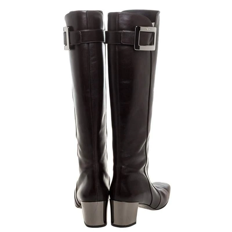 商品[二手商品] Roger Vivier|Roger Vivier Dark Brown Leather Buckle Detail Knee Length Boots Size 36.5,价格¥2073,第5张图片详细描述