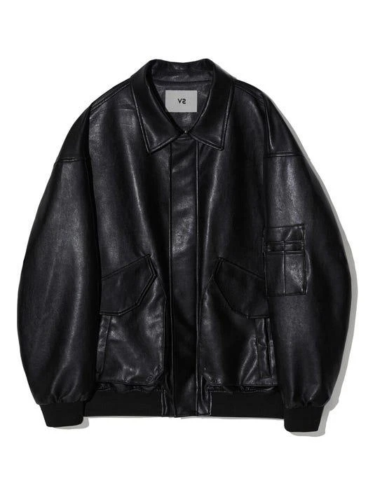 商品V2|8032 Oversized Vegan Leather Vintage Bomber Jacket Black,价格¥846,第2张图片详细描述