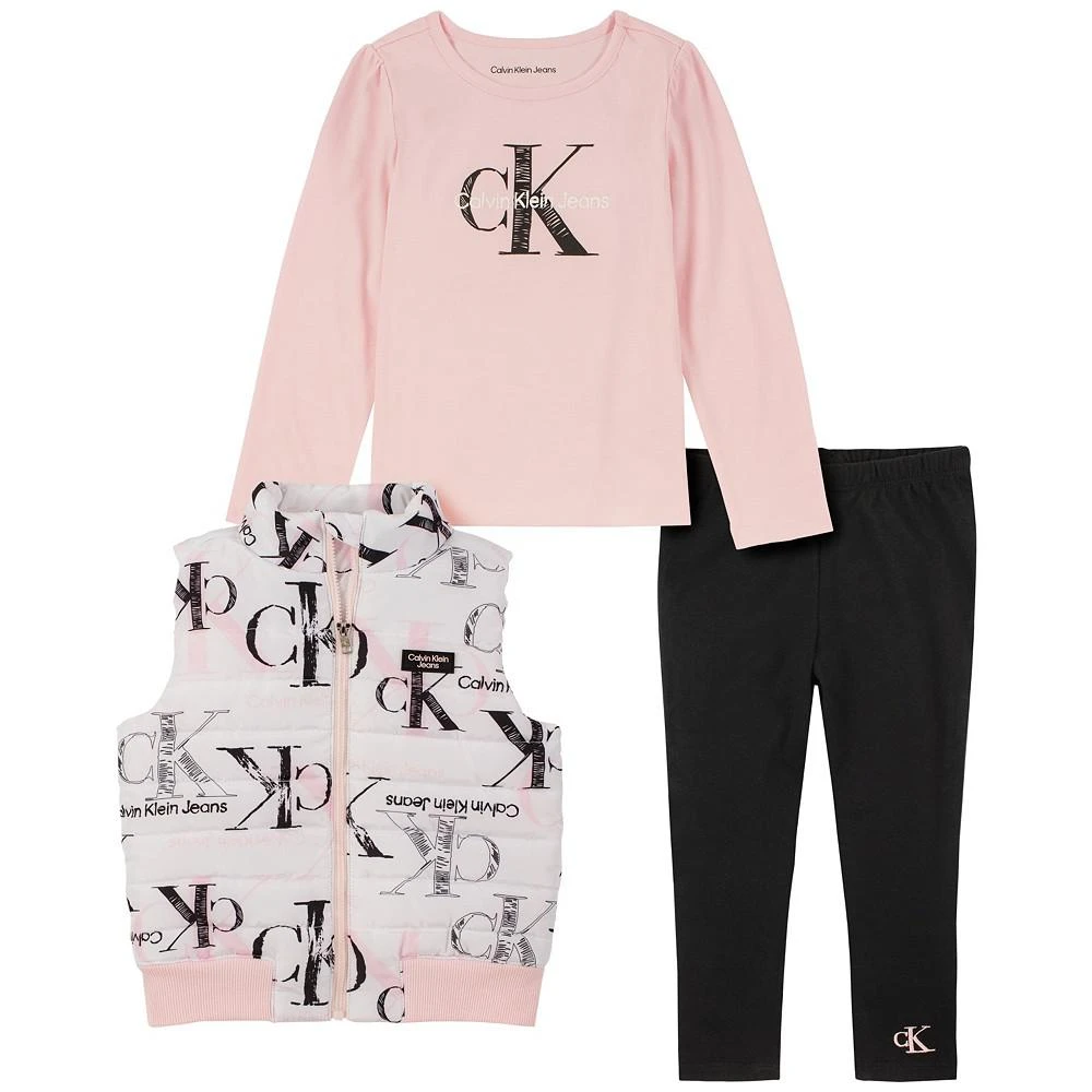商品Calvin Klein|Little Girls Monogram Puffer Vest, T-shirt and Solid Leggings Set, 3 Piece,价格¥233,第1张图片