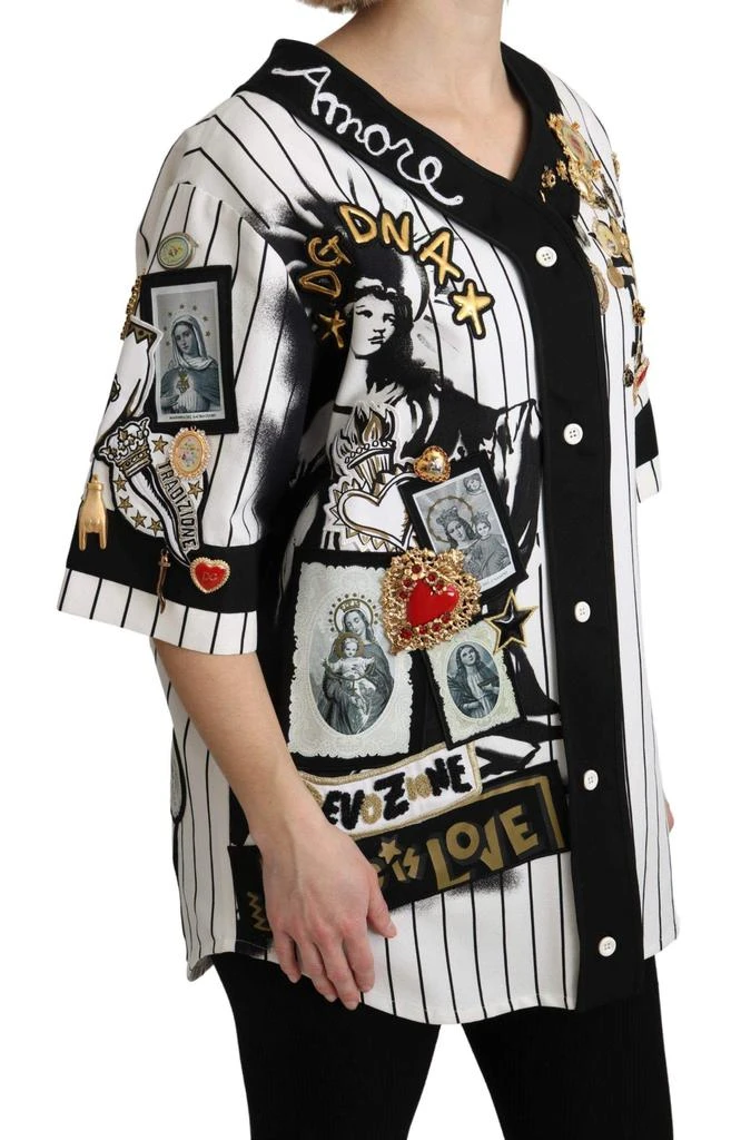 商品Dolce & Gabbana|Dolce & Gabbana White and black Blouse Cotton Crystal Charms Amore Shirt,价格¥16634,第2张图片详细描述