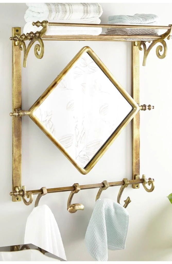 Brass Bathroom Wall Rack with Hooks & Diamond-Shaped Mirror 商品