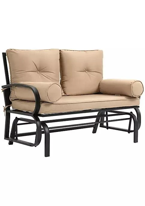 商品Outsunny|2 Person Outdoor Glider Chair Patio Double Rocking Loveseat With Steel Frame And Cushions For Backyard Garden And Porch Khaki,价格¥2155,第1张图片