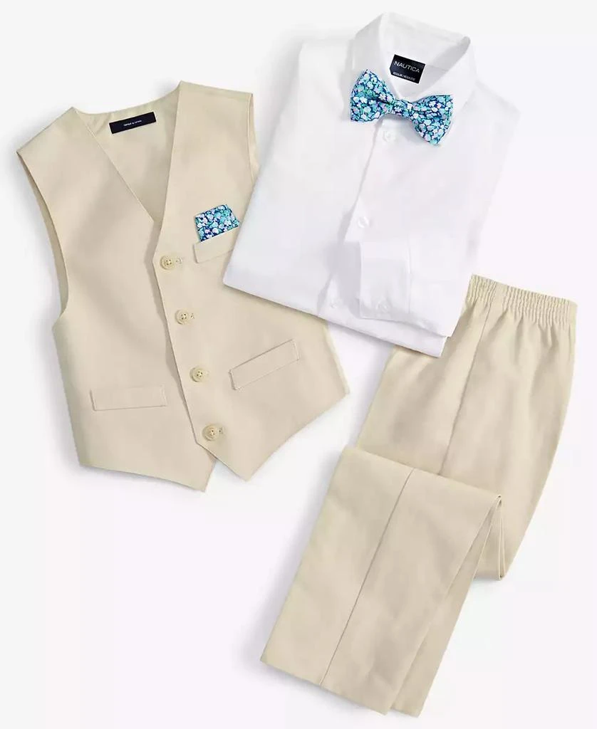 Little Boys Machine Washable Natural-Linen-Look  Vest, Shirt, Pants, Bowtie and Pocket Square, 5 Piece Set 商品