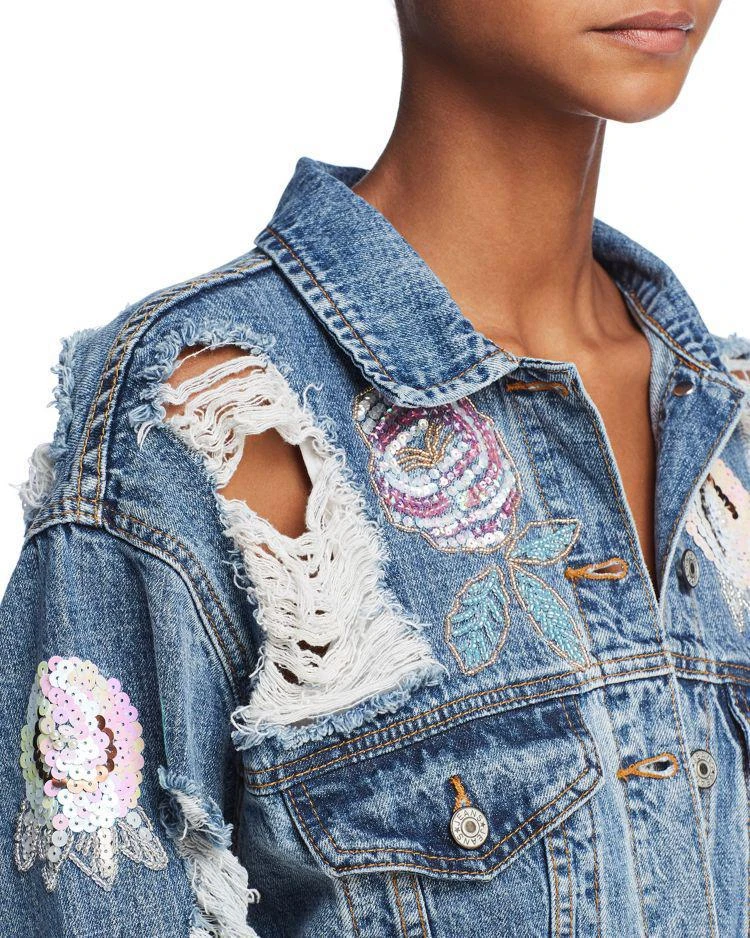 商品Sunset & Spring|Distressed & Destroyed Sequin-Appliqu&eacute; Denim Jacket,价格¥537,第4张图片详细描述