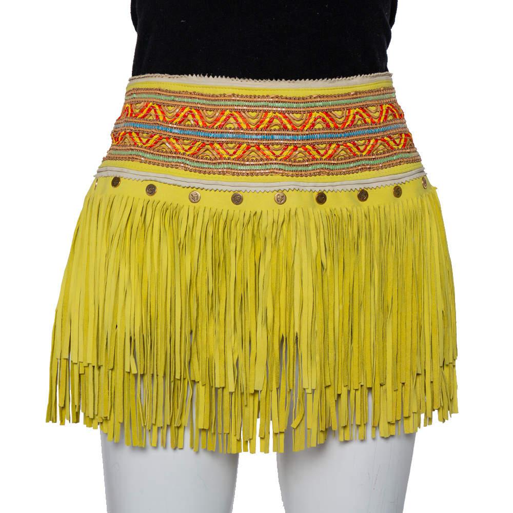 Just Cavalli Neon Yellow Leather Fringed Tribal Mini Skirt M商品第1张图片规格展示