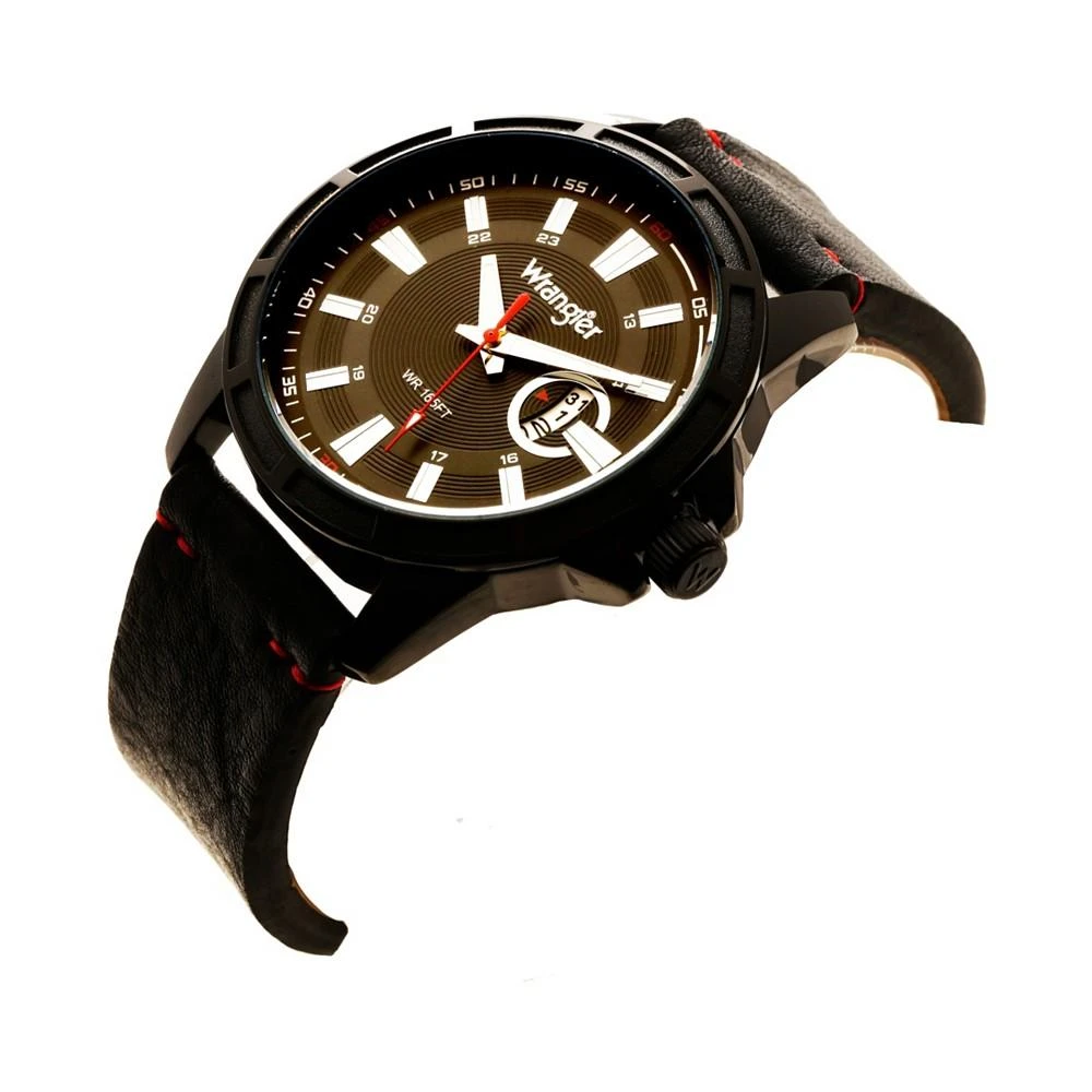 商品Wrangler|Men's Watch, 46MM IP Black Case with Cutout Bezel, Black Milled Dial with White Index Markers, Analog, Red Second Hand and Cutout Crescent Date Function, Black Strap with Red Accent Stitch,价格¥452,第2张图片详细描述