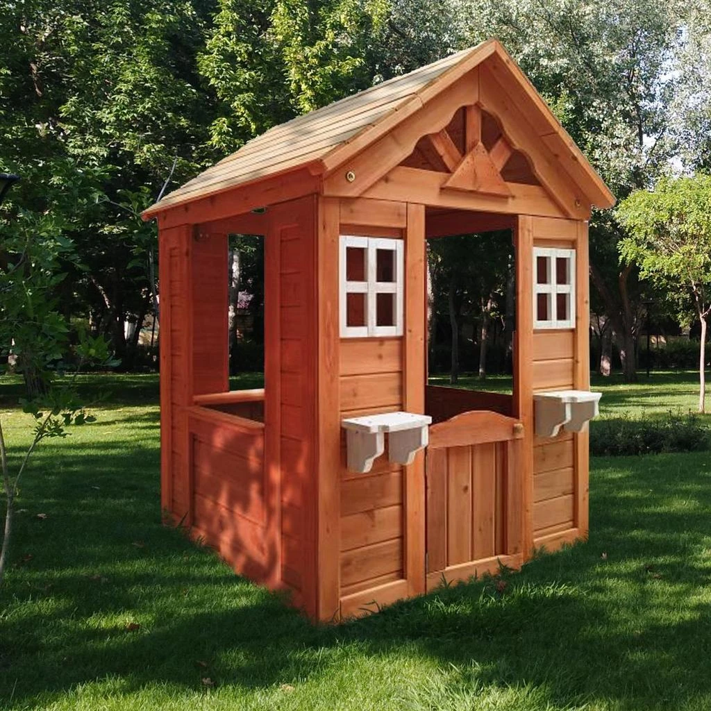 商品Streamdale Furniture|Streamdale All Wooden Kids Playhouse With 2 Windows And Flower Pot Holder,价格¥3619,第2张图片详细描述