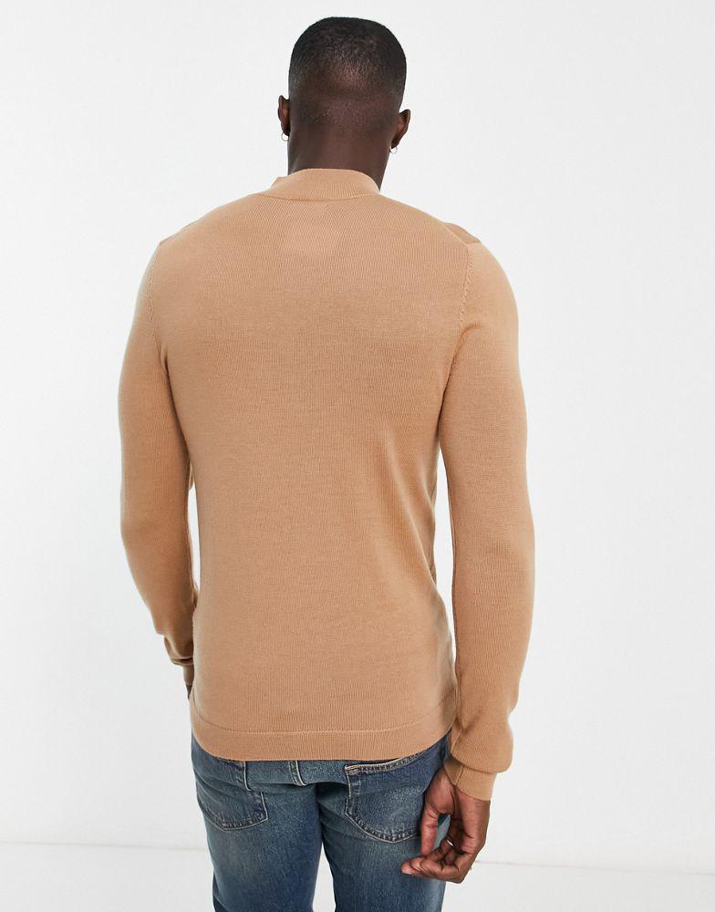 ASOS DESIGN muscle fit premium merino wool turtle neck jumper in dark beige商品第4张图片规格展示