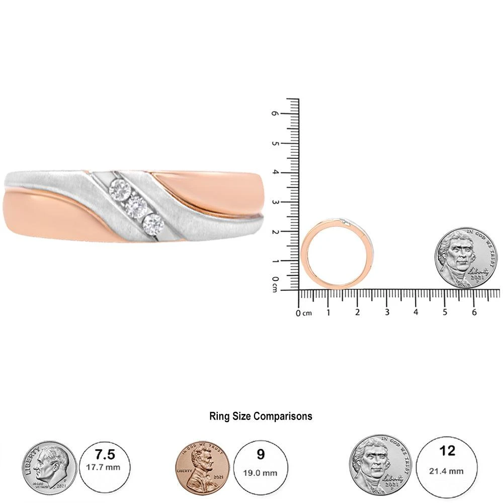 10K White and Rose Gold 1/10 Cttw 3-Stone Tension Slant Band Matte Finish Ring for Men 商品