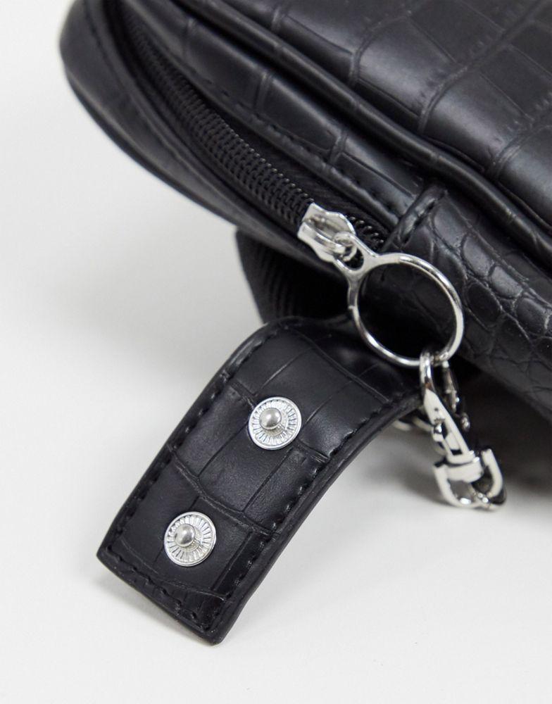 商品ASOS|ASOS DESIGN chest harness bag in black faux leather croc emboss and chain detail,价格¥69,第6张图片详细描述