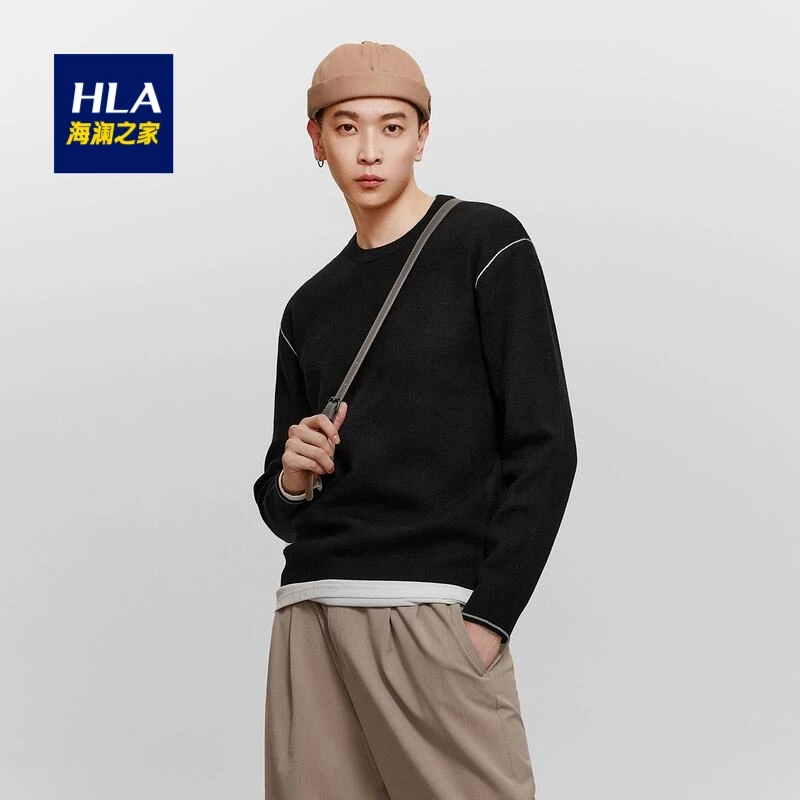 商品[国内直发] HLA|海澜之家休闲宽松长袖针织衫2021秋季新品撞色柔软黑色毛衣男,价格¥172,第1张图片