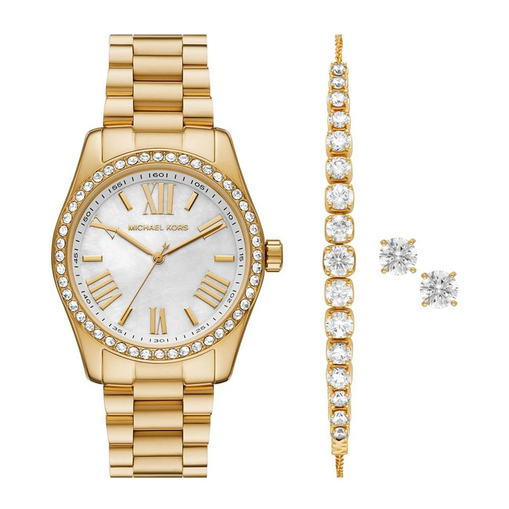 商品Michael Kors|Women's Lexington Three-Hand Gold-Tone Stainless Steel Watch 38mm and Jewelry Gift Set,价格¥2975,第1张图片
