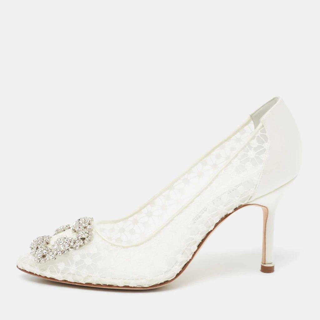 商品[二手商品] Manolo Blahnik|Manolo Blahnik White/Grey Lace and Satin Hangisi Pointed Toe Pumps Size 36,价格¥4115,第1张图片