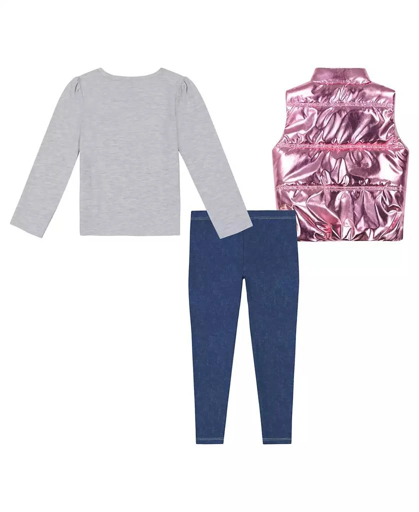 商品Calvin Klein|Toddler and Little Girls Metallic Puffer Vest, Long Sleeve Logo Tee Jeggings, 3-Piece Set,价格¥303,第2张图片详细描述