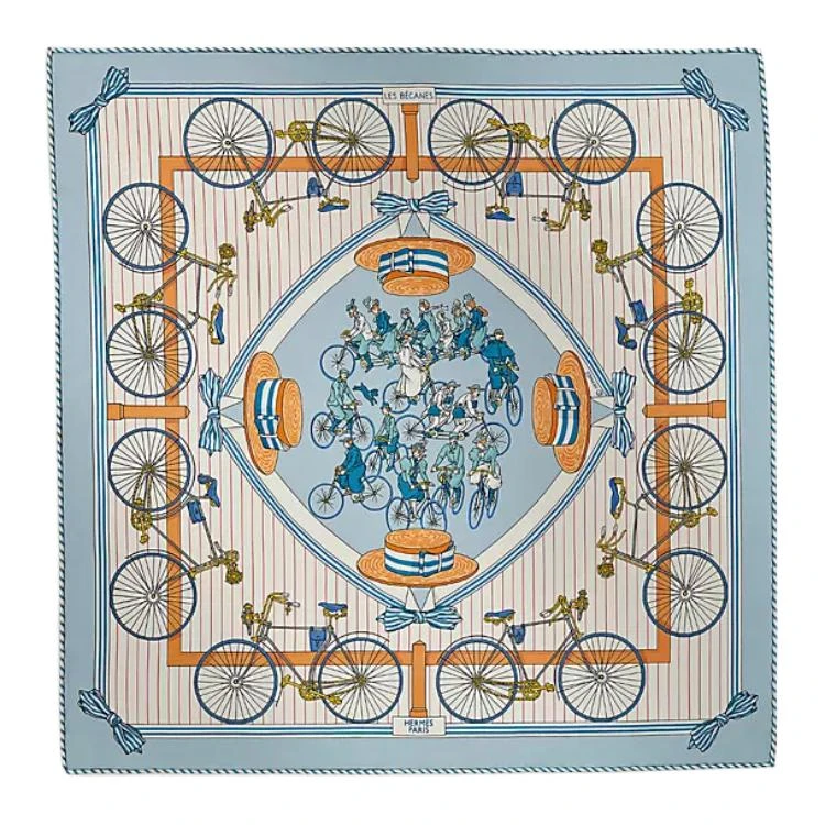 商品[国内直发] Hermes|爱马仕 自行车图案 真丝 丝巾 男女同款情侣款 蓝色克莱尔/米色多雷/白色,价格¥2847,第1张图片