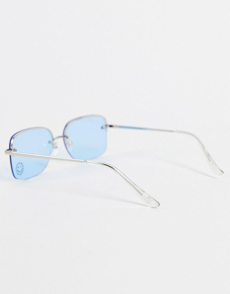 ASOS DESIGN rimless 90s sunglasses with diamante happy face detail in blue商品第2张图片规格展示