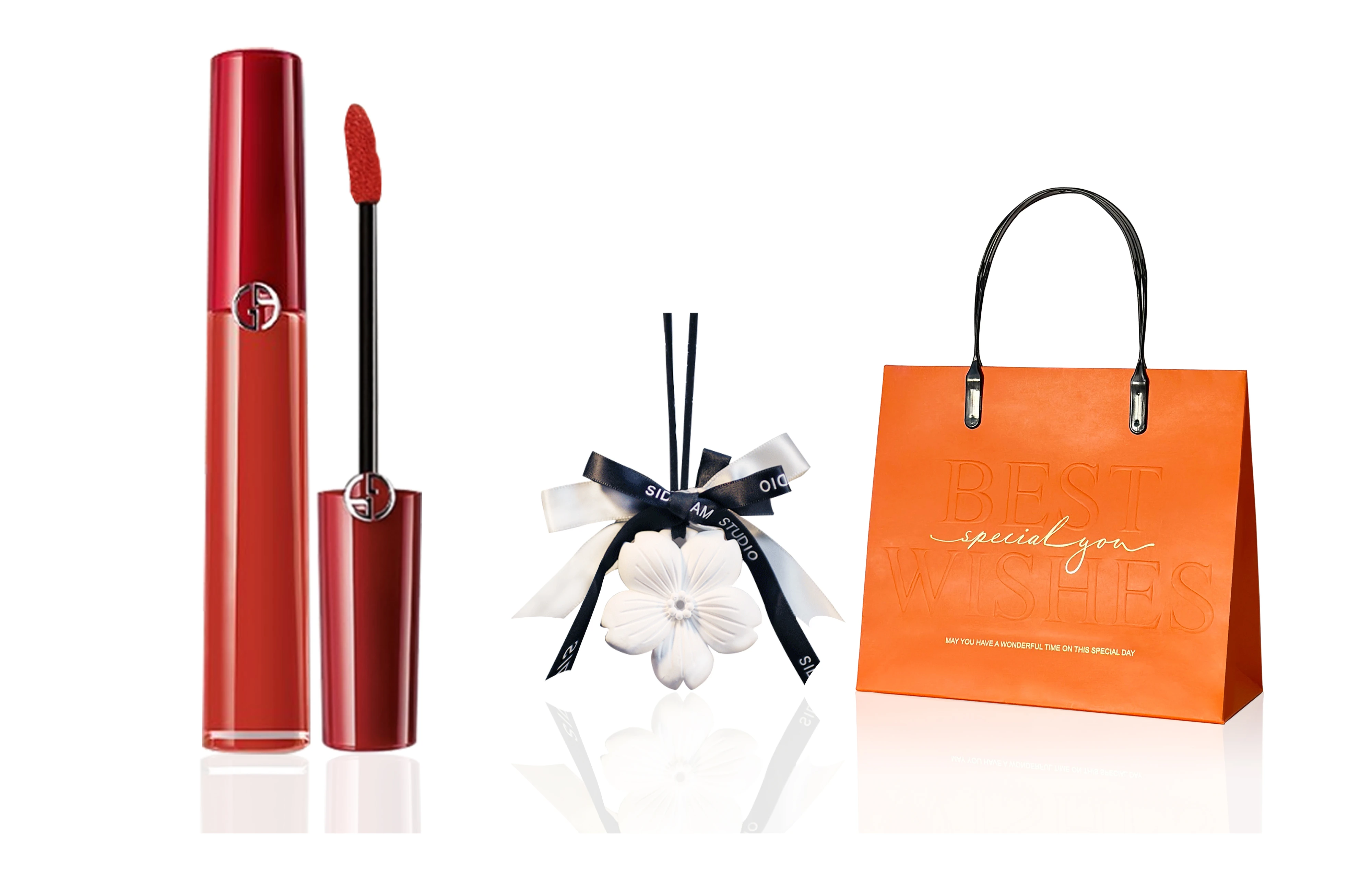 商品[国内直发] Giorgio Armani|乔治阿玛尼 红管 心想事橙礼遇彩妆套装 丝绒缎面自然持久哑光雾面不晕染素颜气色 三件套,价格¥396,第6张图片详细描述