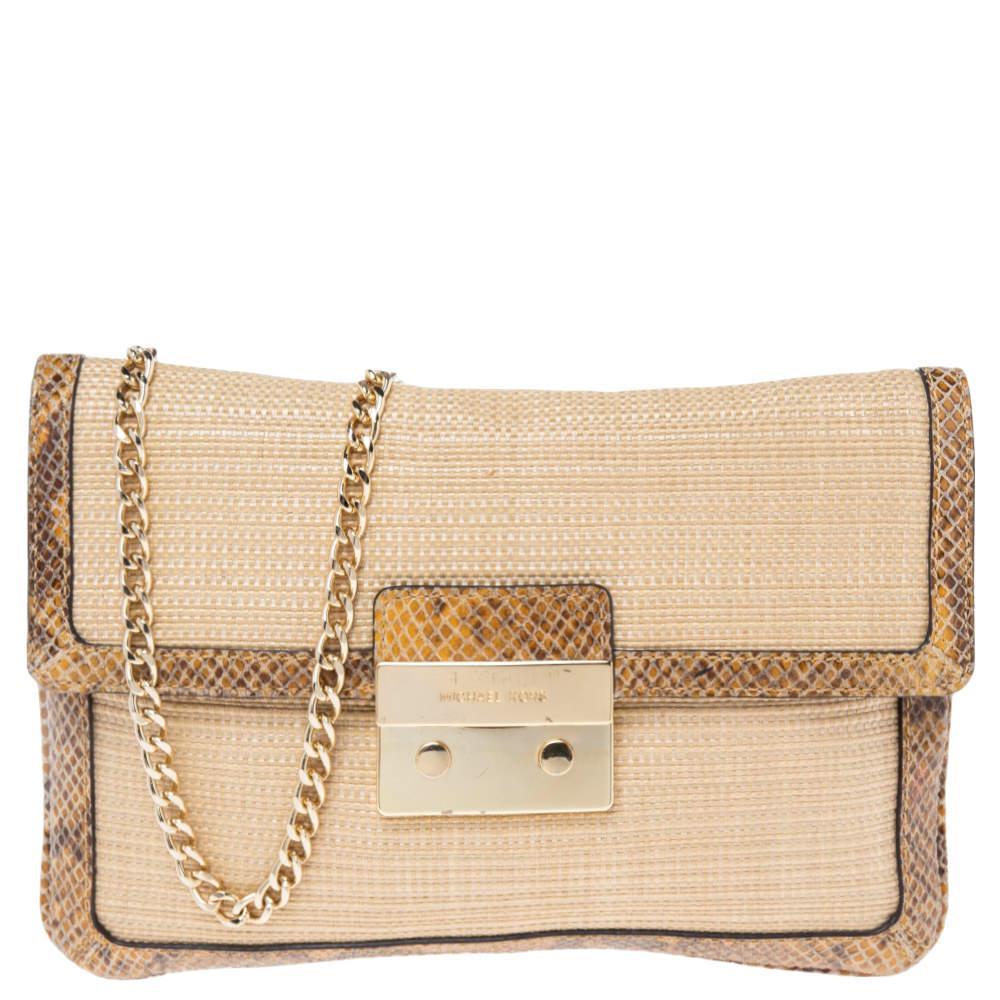 商品[二手商品] Michael Kors|Michael Kors Cream Raffia and Python Embossed Leather Sloan Shoulder Bag,价格¥788,第1张图片