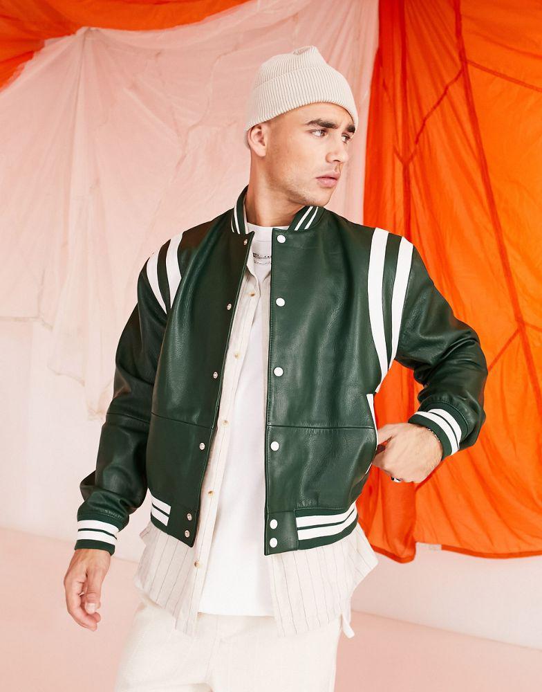 商品[国内直发] ASOS|ASOS DESIGN leather varsity bomber jacket in green,价格¥1006,第1张图片