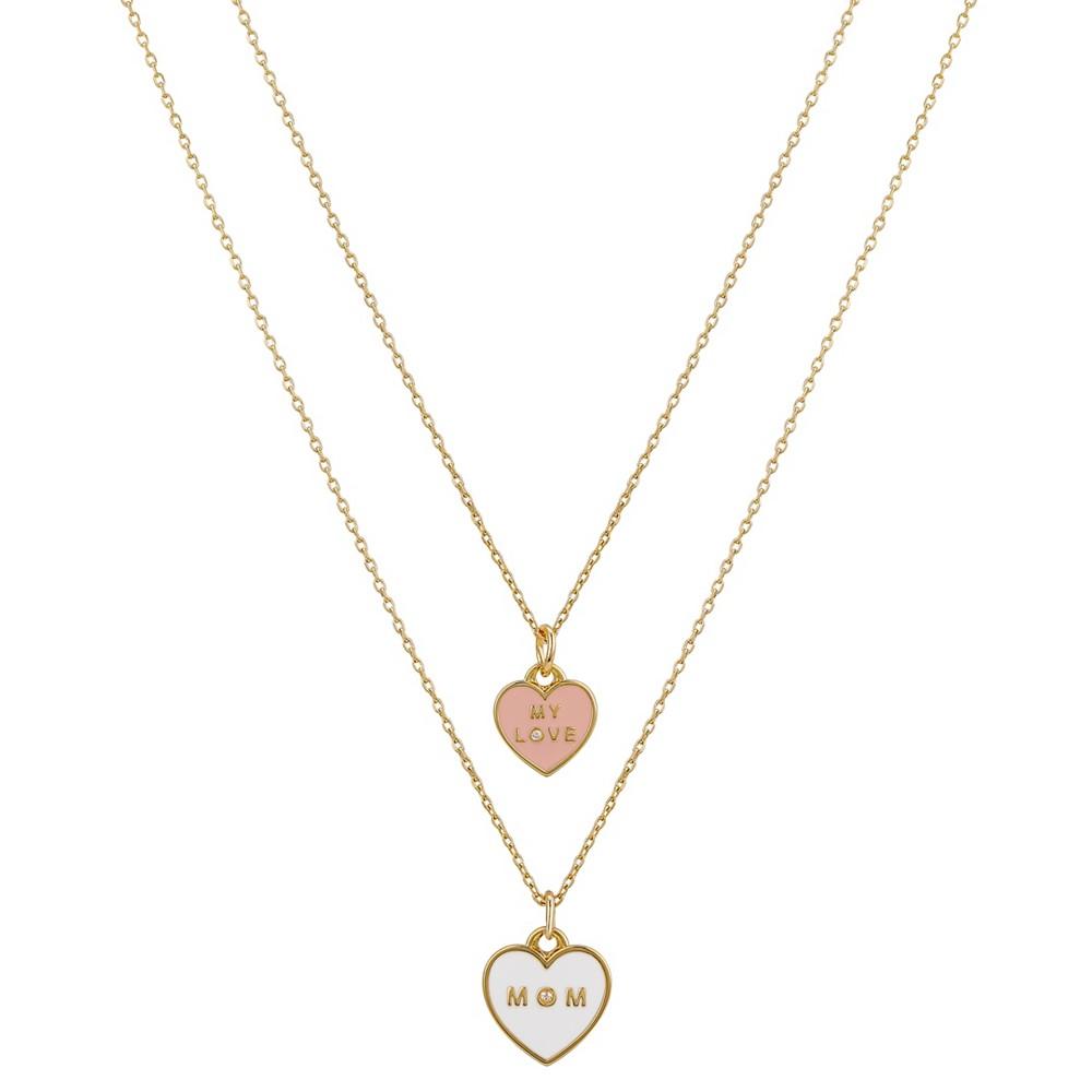 Cubic Zirconia Enamel "Mom" and "My Love" Heart Charm Necklace Set with Extender (0.01 ct. t.w.) in 14K Gold Flash-Plated商品第1张图片规格展示