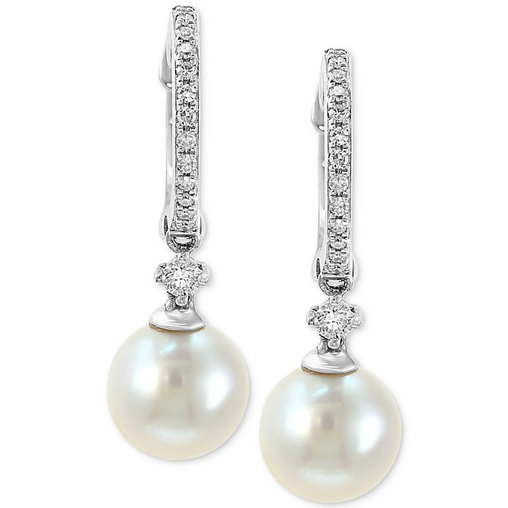 商品Effy|EFFY® Cultured Freshwater Pearl (7mm) & Diamond (1/6 ct. t.w.) Hoop Drop Earrings in 14k White Gold,价格¥6357,第1张图片