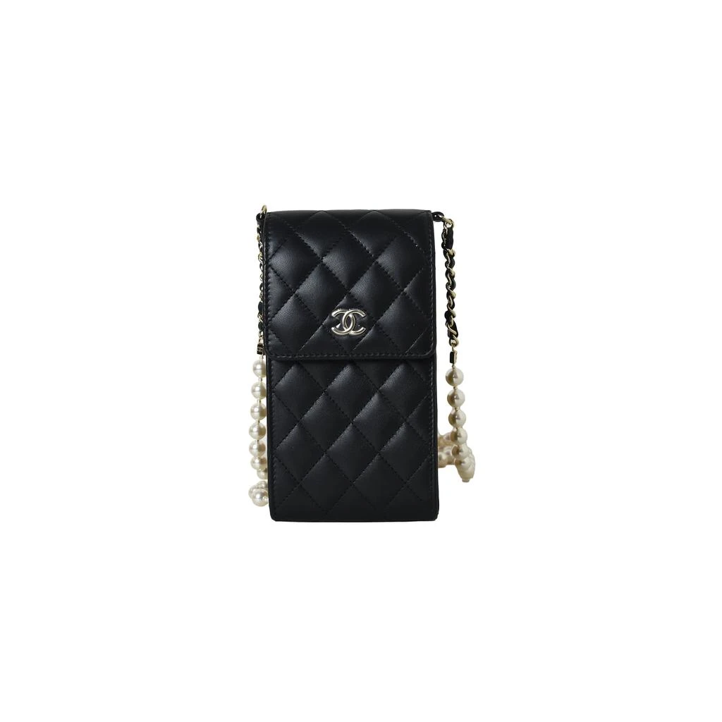 商品Chanel|Chanel Phone Holder With Pearl Chain Lambskin Black Gold,价格¥32187,第1张图片