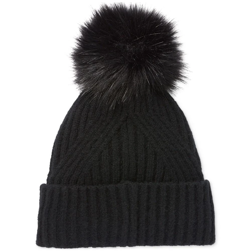 商品Calvin Klein|Women's Ribbed Furry Pom Pom Hat,价格¥273,第2张图片详细描述