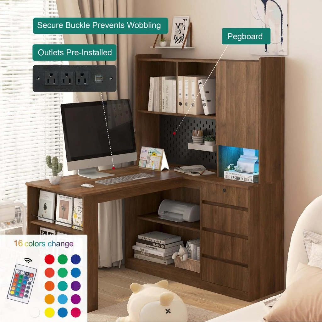 商品Streamdale Furniture|Streamdale L Shaped Desk with Drawers, Bookshelf, LED Light, Corner Gaming Desk,价格¥3177,第2张图片详细描述