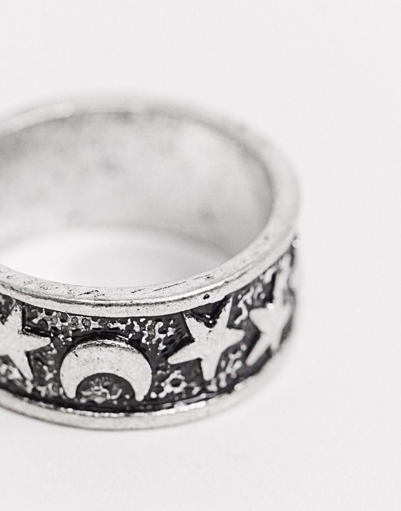 ASOS DESIGN ring with star and moon detail in burnished silver tone商品第2张图片规格展示