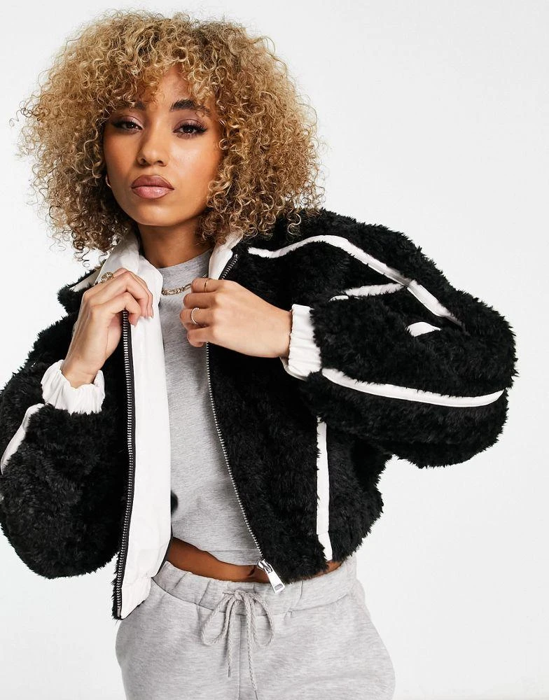 商品Jayley|Jayley faux fur bomber with faux leather trims in black and cream,价格¥395,第1张图片