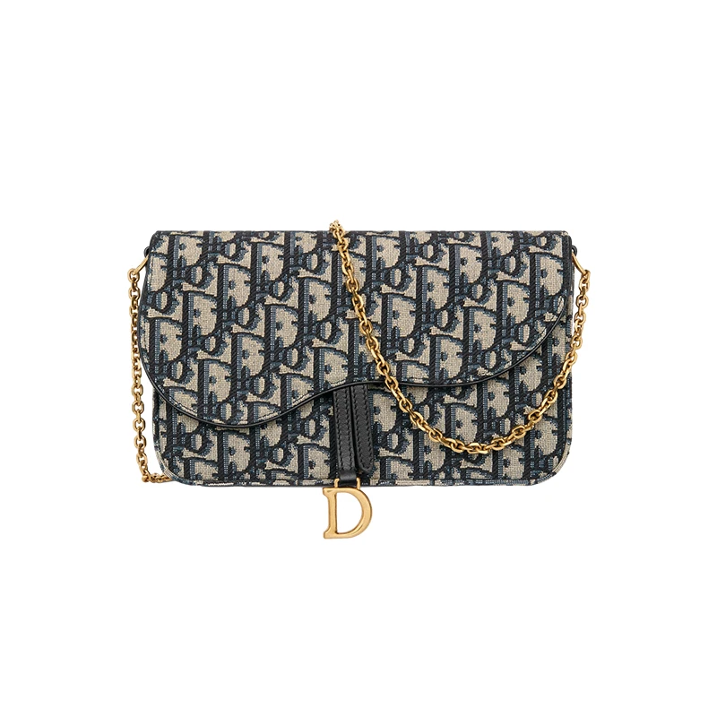 商品Dior|迪奥 23新款 SADDLE女士蓝色提花帆布金属D形吊饰不对称翻盖链条手拿包 S5907CTZQ_M928,价格¥14072,第1张图片