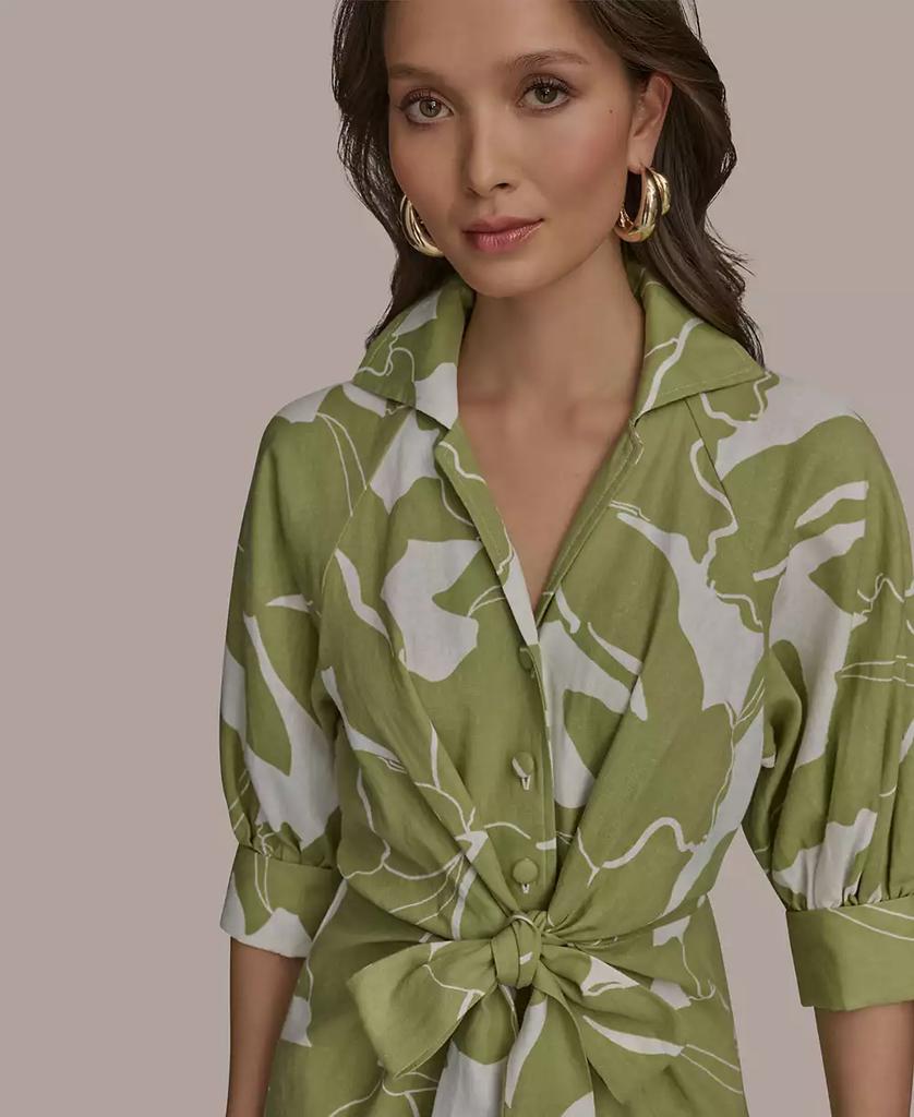 Donna Karan Women's Tie-Front Linen 3/4 Sleeve Printed A