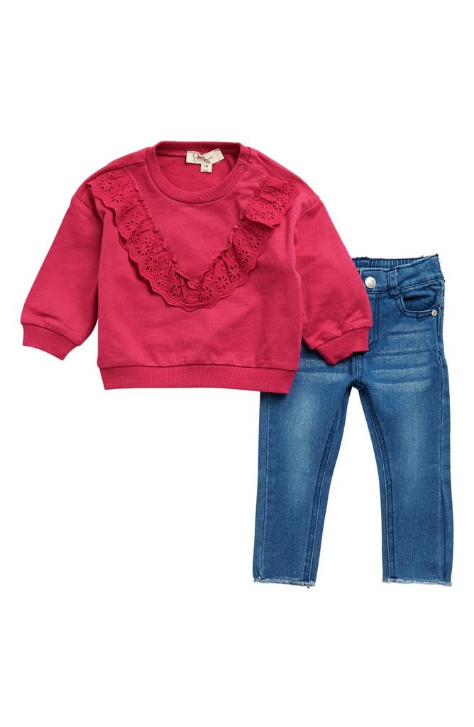 Lace Ruffle Sweatshirt & Jeans Set商品第1张图片规格展示