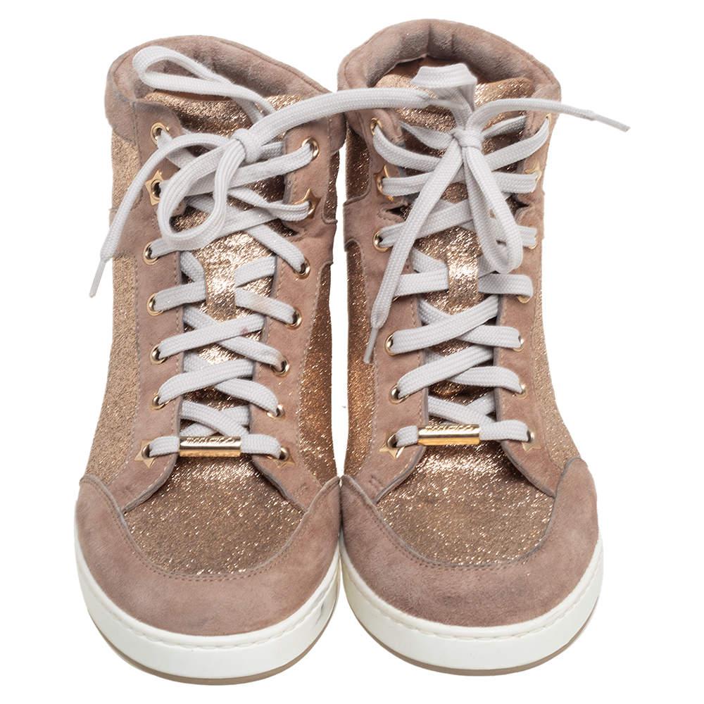 Jimmy Choo Rose Gold Suede And Glitter Tokyo High Top Sneakers Size 36.5商品第3张图片规格展示