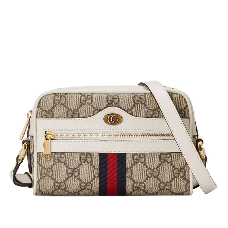 商品Gucci|GUCCI/古驰 22春夏新款Ophidia系列 女士迷你米色/乌木色老花帆布白色皮革滚边红蓝织带细节金扣拉链开合斜跨单肩包,价格¥7190,第1张图片