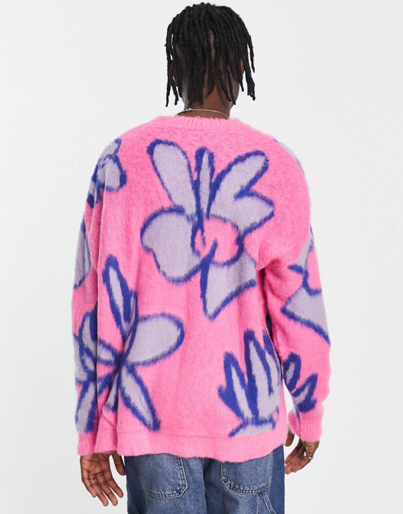 ASOS DESIGN knitted jumper In fluffy flower print in pink商品第3张图片规格展示